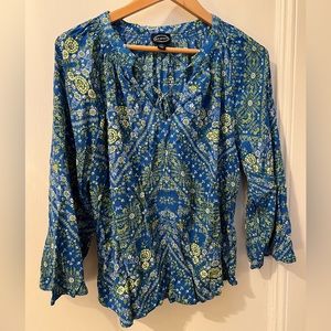 Scoop blue yellow flower print blouse with neck tie
